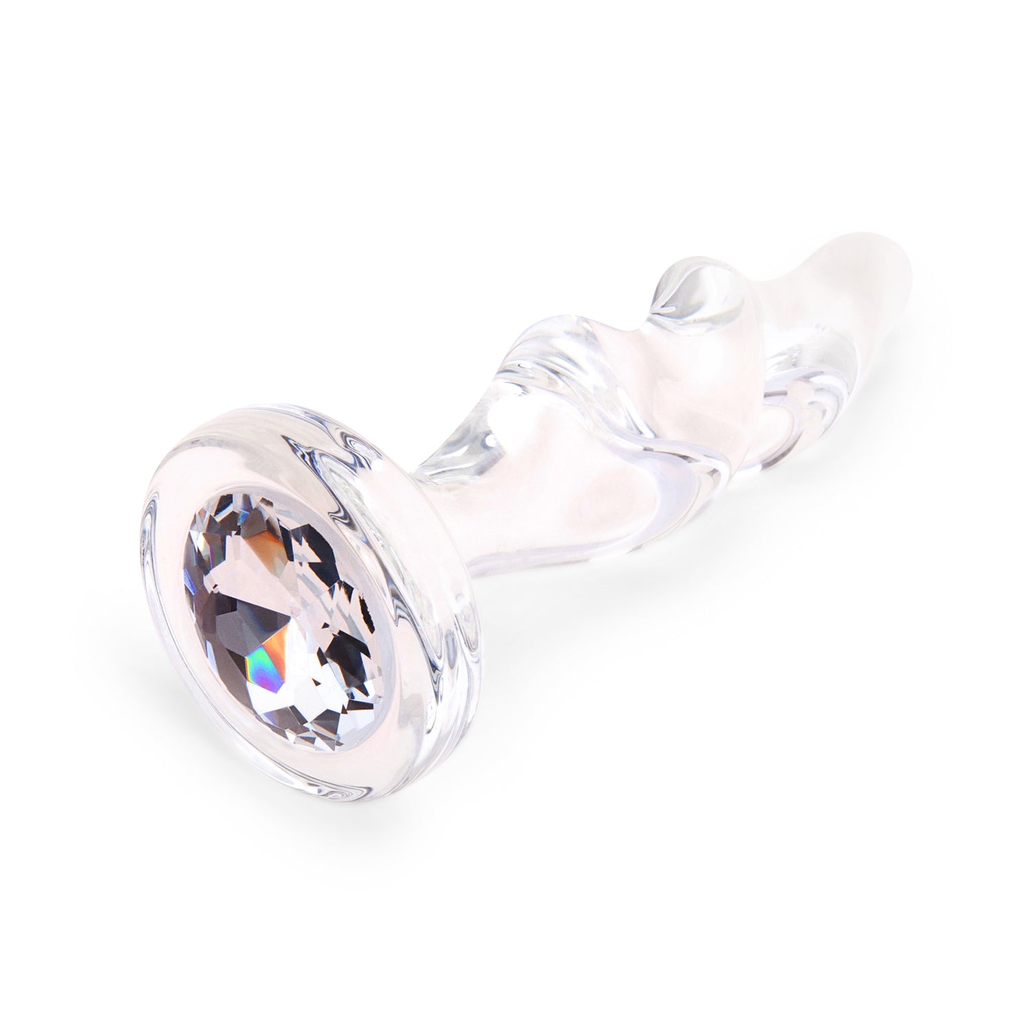 3.75" Twist and Tush Butt Plug - Medium  Detail View: Close-up of the flat, flared glass base highlighting the shining embedded gem.

