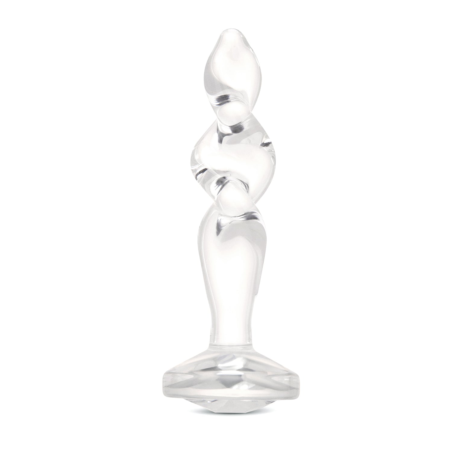 3.75" Twist and Tush Butt Plug - Medium  Main View: Full upright clear borosilicate glass Twist & Tush plug showcasing a corkscrew tip and gem base.