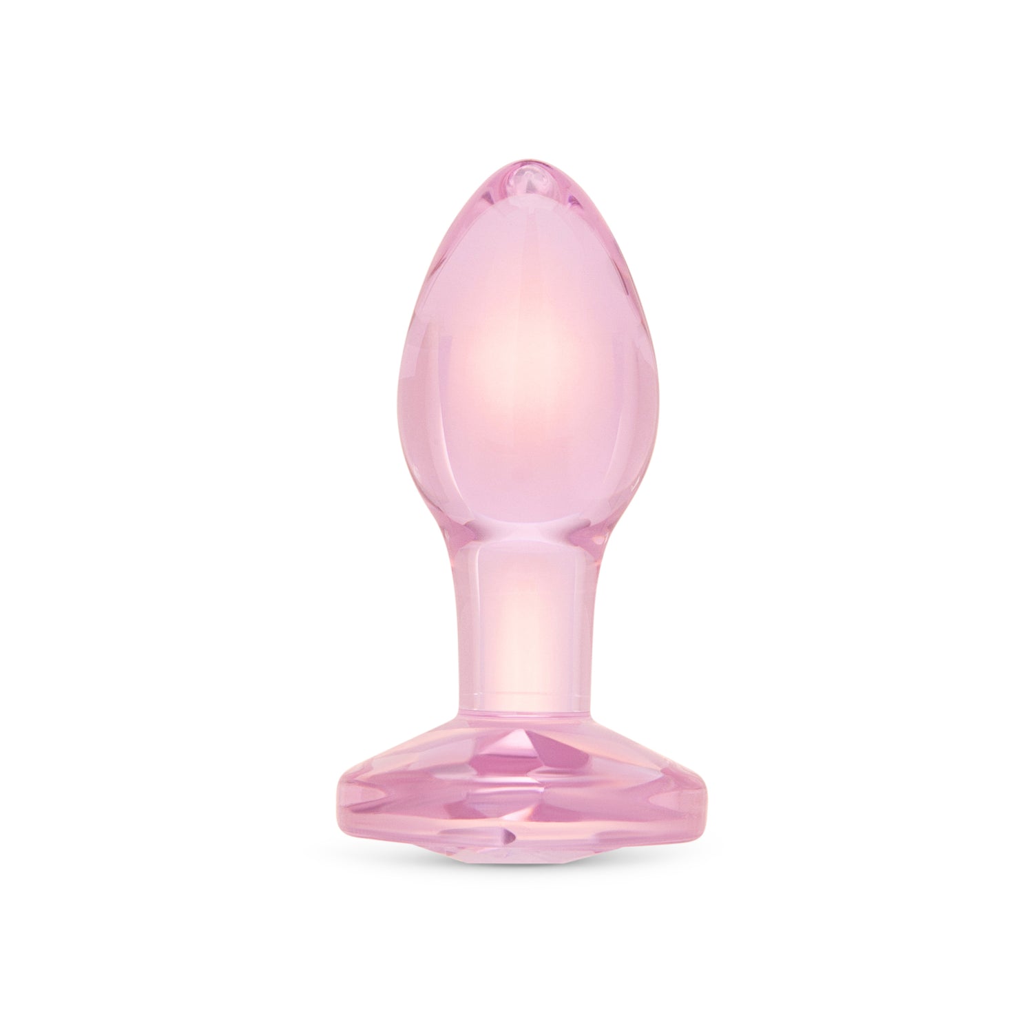 3" Bubble Gem Butt Plug - Small  Main View: Pink-tinted borosilicate glass butt plug shown upright featuring a tapered shape and baby pink gem base.
