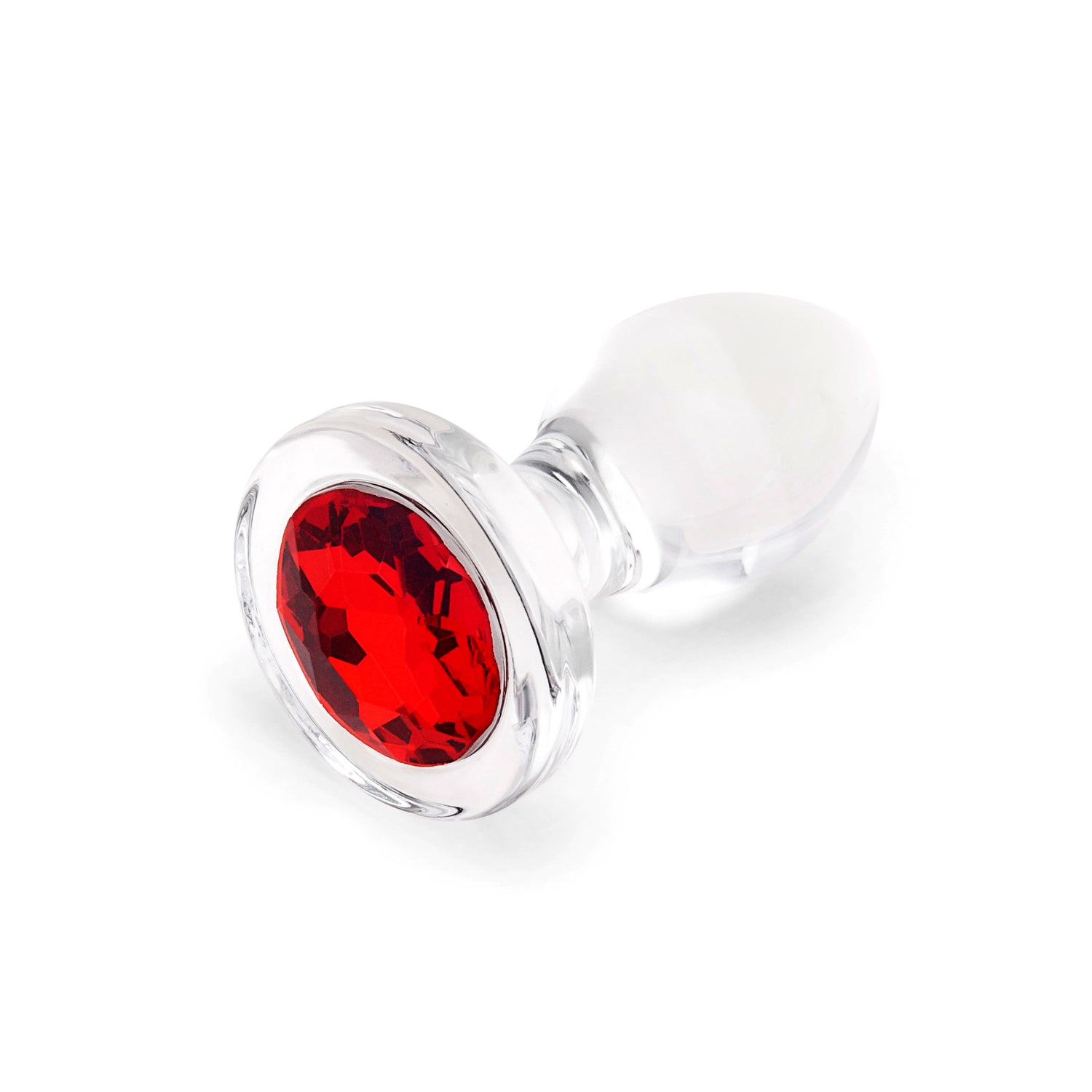 3" Cherry Sparkle Butt Plug - Small  Close-up of the flared base highlighting the radiant red gem set into the flat bottom.