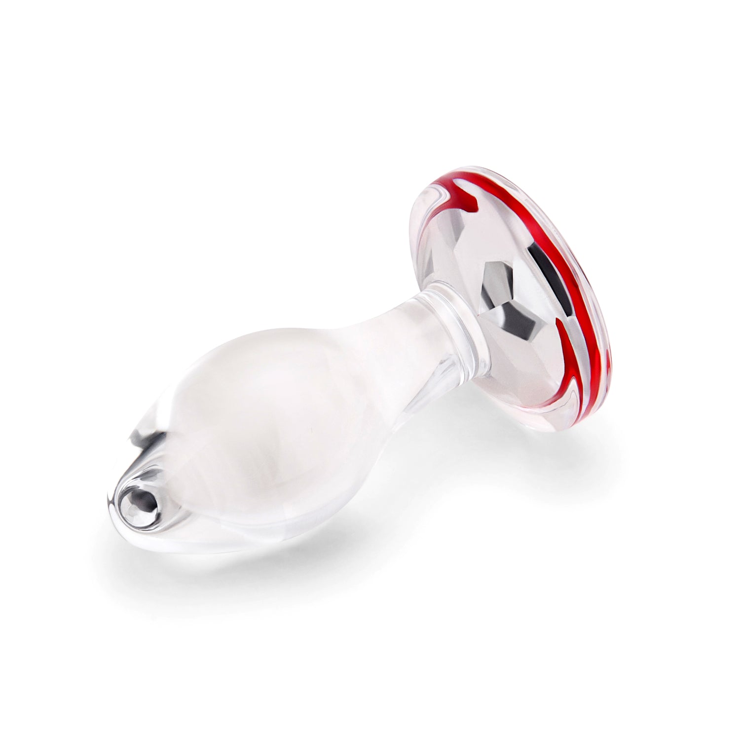 3" Cherry Sparkle Butt Plug - Small Side perspective displaying the smooth glass curves, classic tapered tip, and wide safety anchor.