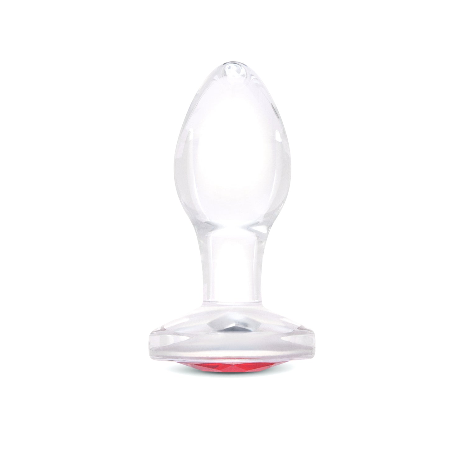 3" Cherry Sparkle Butt Plug - Small Clear borosilicate glass butt plug shown upright featuring a teardrop shape and ruby red gem base.