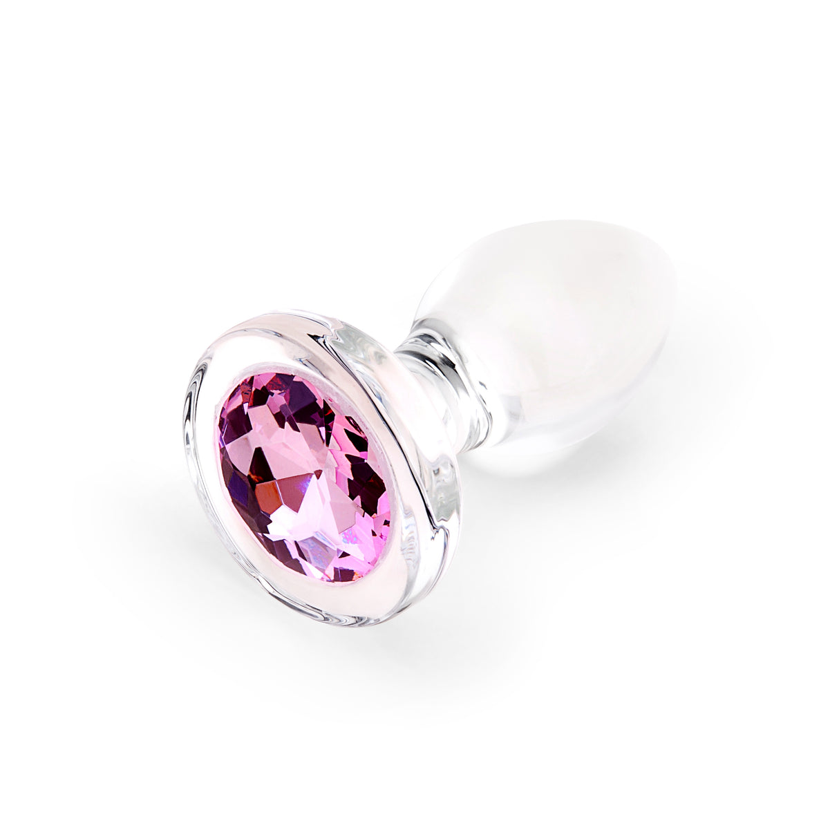 3" Pink Sparkle Butt Plug - Small: Side perspective displaying the smooth glass curves, classic tapered tip, and wide safety anchor.