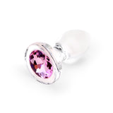 3" Pink Sparkle Butt Plug - Small: Side perspective displaying the smooth glass curves, classic tapered tip, and wide safety anchor.