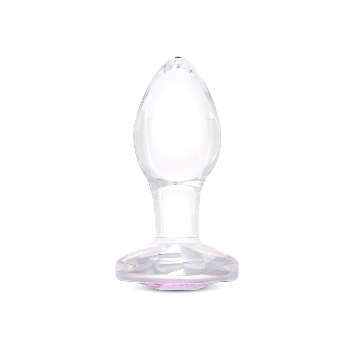 3" Pink Sparkle Butt Plug - Small: Clear borosilicate glass butt plug shown upright featuring a tapered shape and pink gem base.