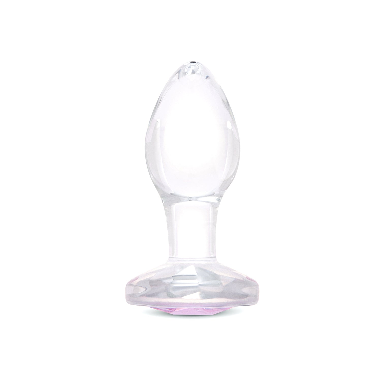 3" Pink Sparkle Butt Plug - Small: Clear borosilicate glass butt plug shown upright featuring a tapered shape and pink gem base.