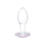 3" Pink Sparkle Butt Plug - Small: Clear borosilicate glass butt plug shown upright featuring a tapered shape and pink gem base.