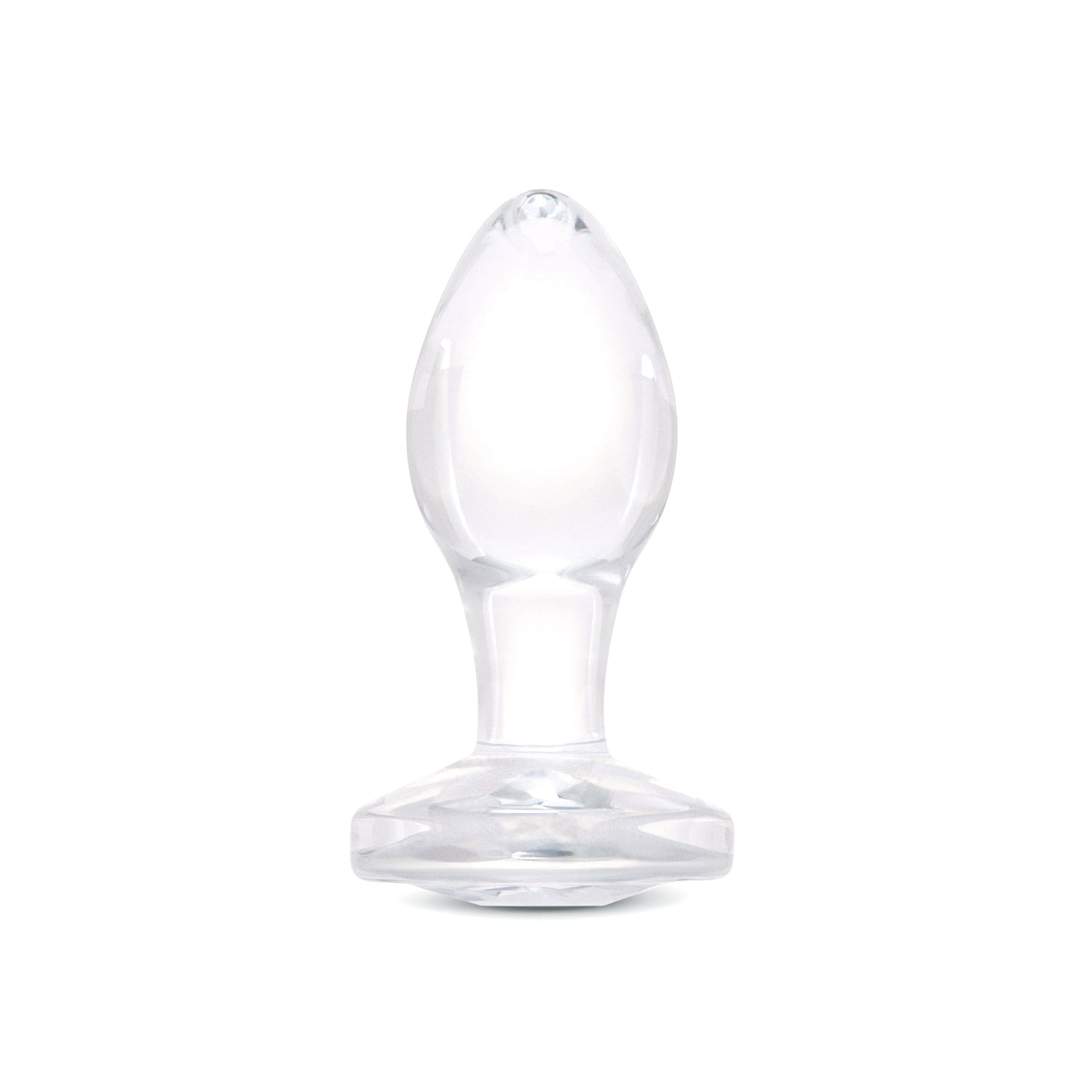 3" Rear Sparkle Butt Plug - Small
Clear borosilicate glass butt plug shown upright with a tapered bulb and diamond base.