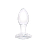 3" Rear Sparkle Butt Plug - Small
Clear borosilicate glass butt plug shown upright with a tapered bulb and diamond base.