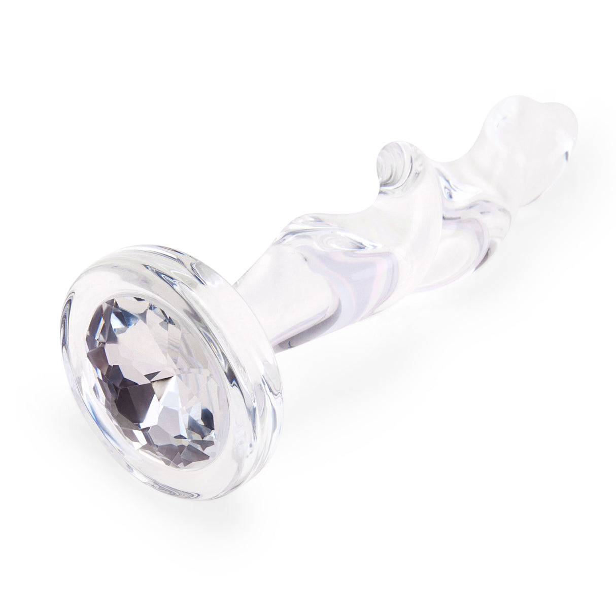 4.5" Twist and Tush Butt Plug - Large   Detail View: Close-up of the flat, flared glass base highlighting the shining embedded gem.
