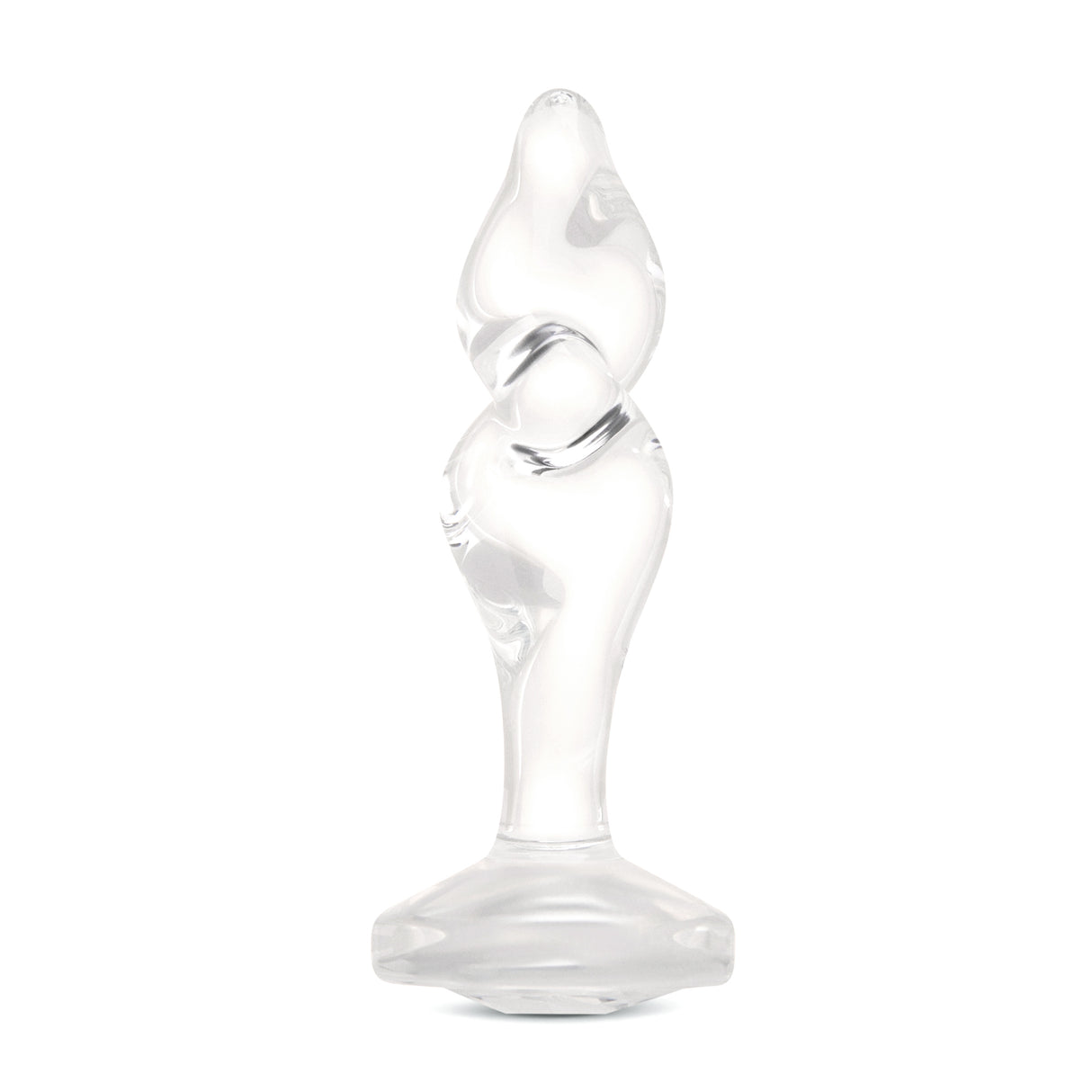 4.5" Twist and Tush Butt Plug - Large Main View: Full upright clear borosilicate glass Twist & Tush plug showcasing a corkscrew tip and gem base.