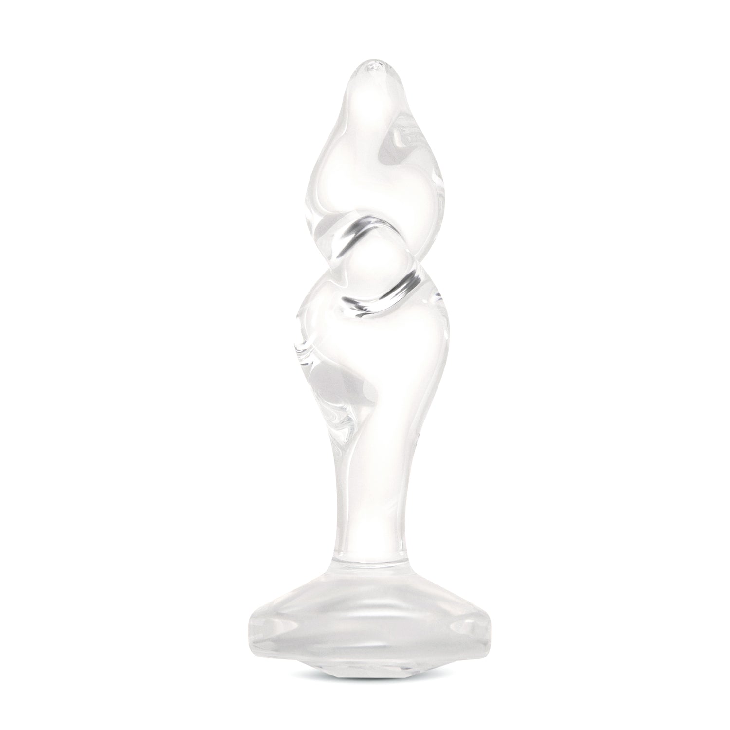 4.5" Twist and Tush Butt Plug - Large Main View: Full upright clear borosilicate glass Twist & Tush plug showcasing a corkscrew tip and gem base.