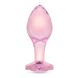 4" Bubble Gem Butt Plug - Large Main View: Pink-tinted borosilicate glass butt plug shown upright featuring a tapered shape and baby pink gem base.