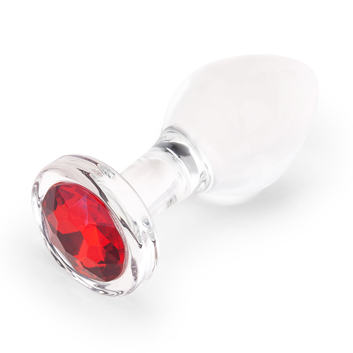4" Cherry Sparkle Butt Plug - Large Close-up of the flared base highlighting the radiant red gem set into the flat bottom.