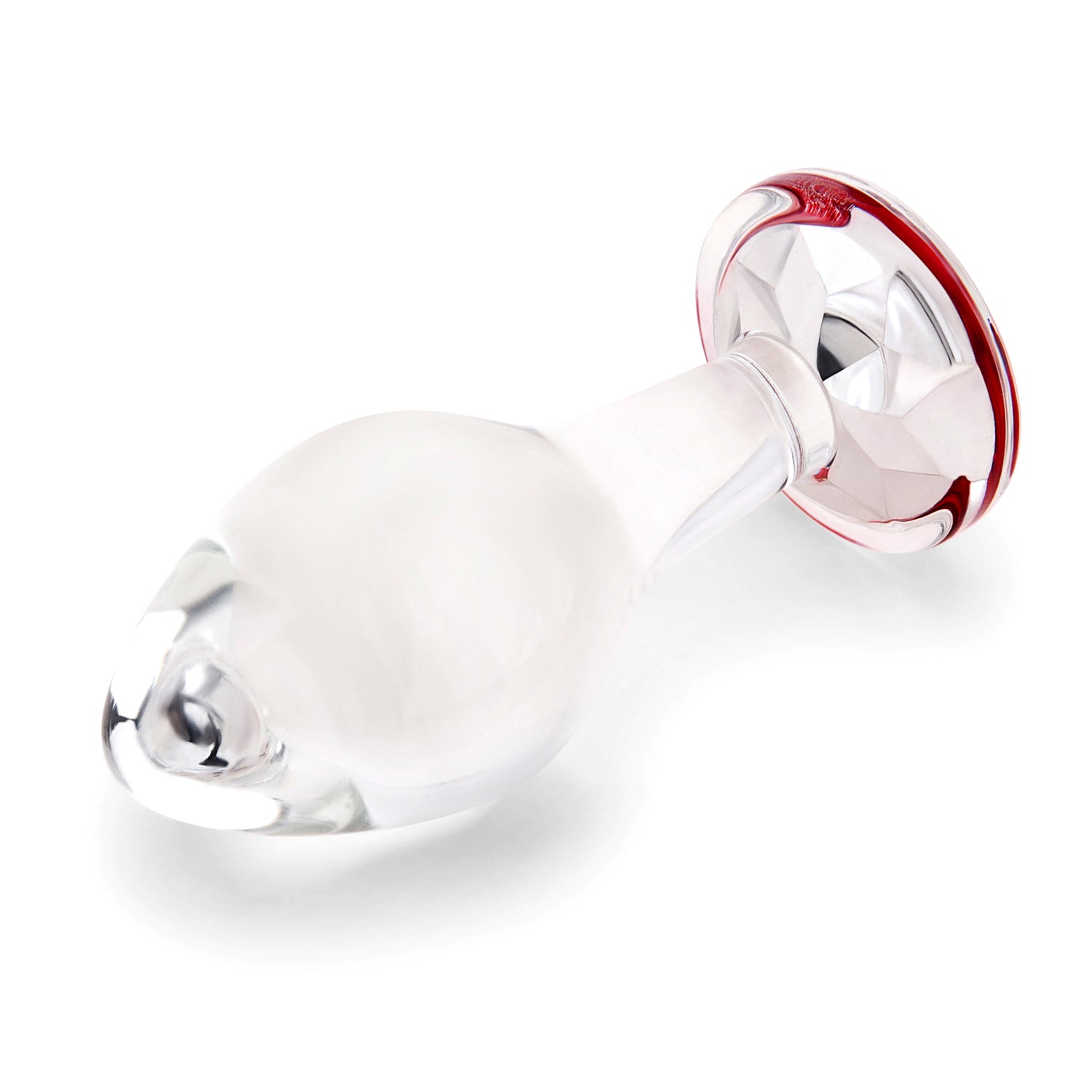 4" Cherry Sparkle Butt Plug - Large Side perspective displaying the smooth glass curves, classic tapered tip, and wide safety anchor.