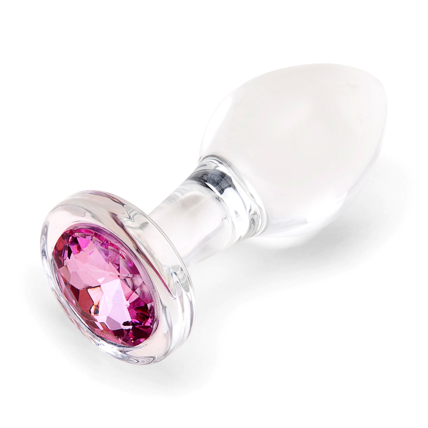 4" Pink Sparkle Butt Plug - Large Side perspective displaying the smooth glass curves, classic tapered tip, and wide safety anchor.