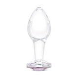 4" Pink Sparkle Butt Plug - Large Clear borosilicate glass butt plug shown upright featuring a tapered shape and pink gem base.