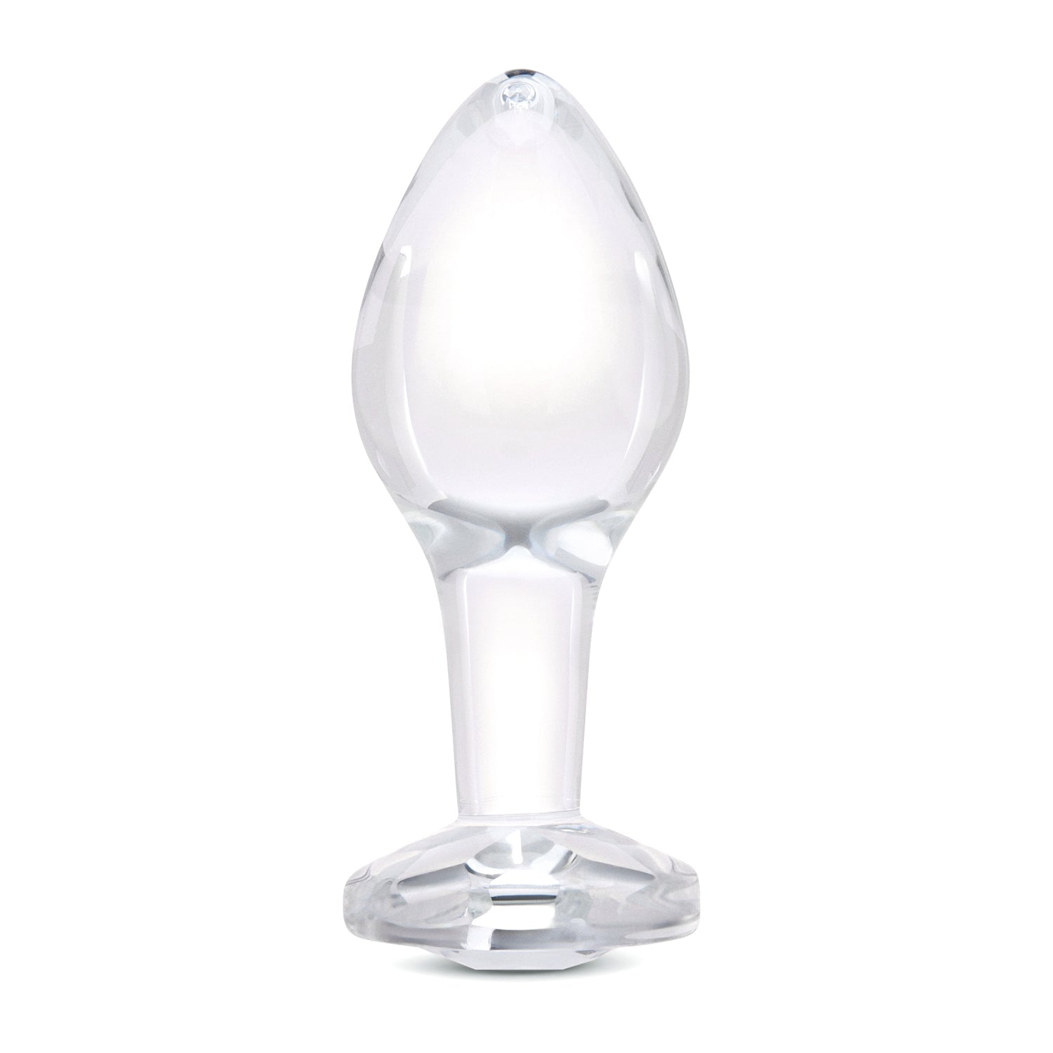 4" Rear Sparkle Butt Plug - Large Clear borosilicate glass butt plug shown upright with a tapered bulb and diamond base.
