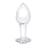 4" Rear Sparkle Butt Plug - Large Clear borosilicate glass butt plug shown upright with a tapered bulb and diamond base.

