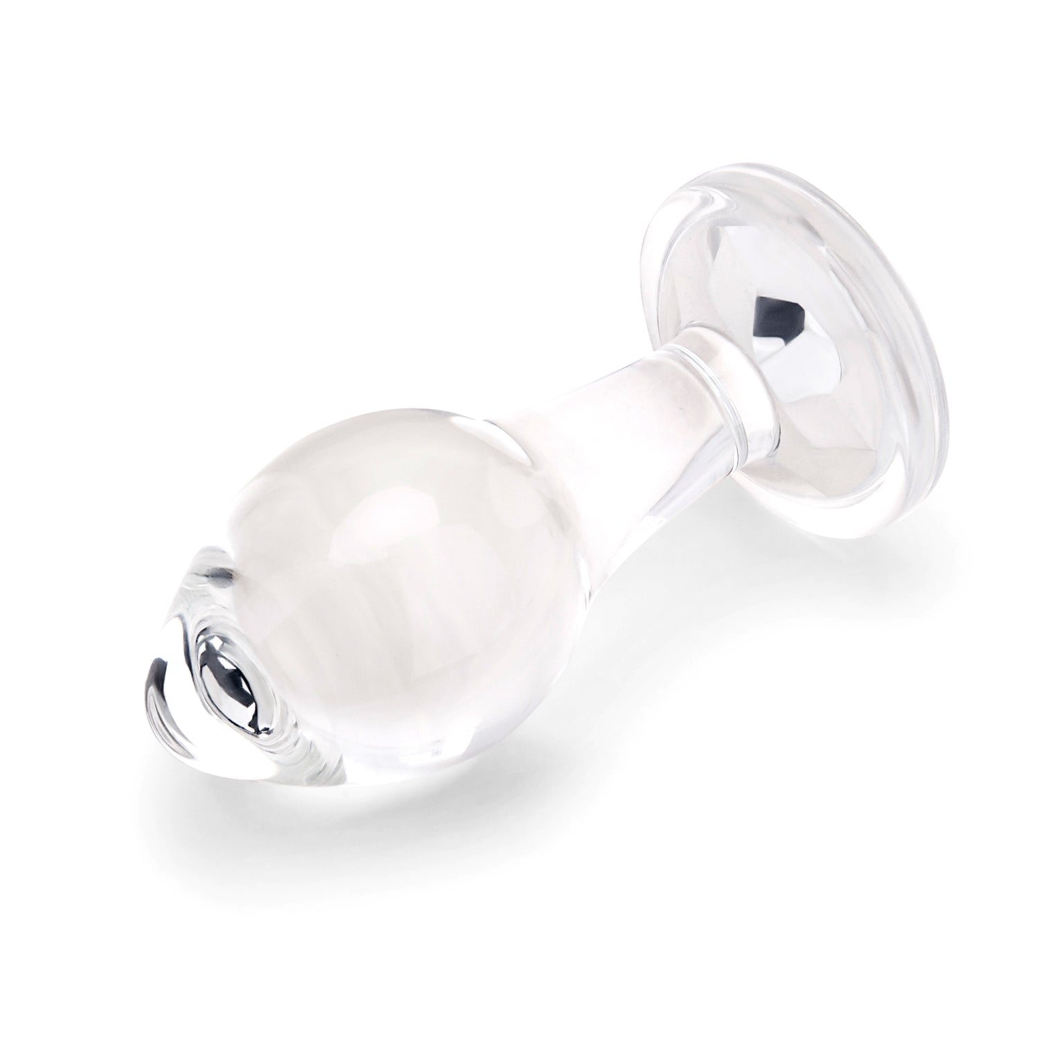 4" Rear Sparkle Butt Plug - Large
 Side view showing the teardrop tip, slender retaining neck, and wide safety base.