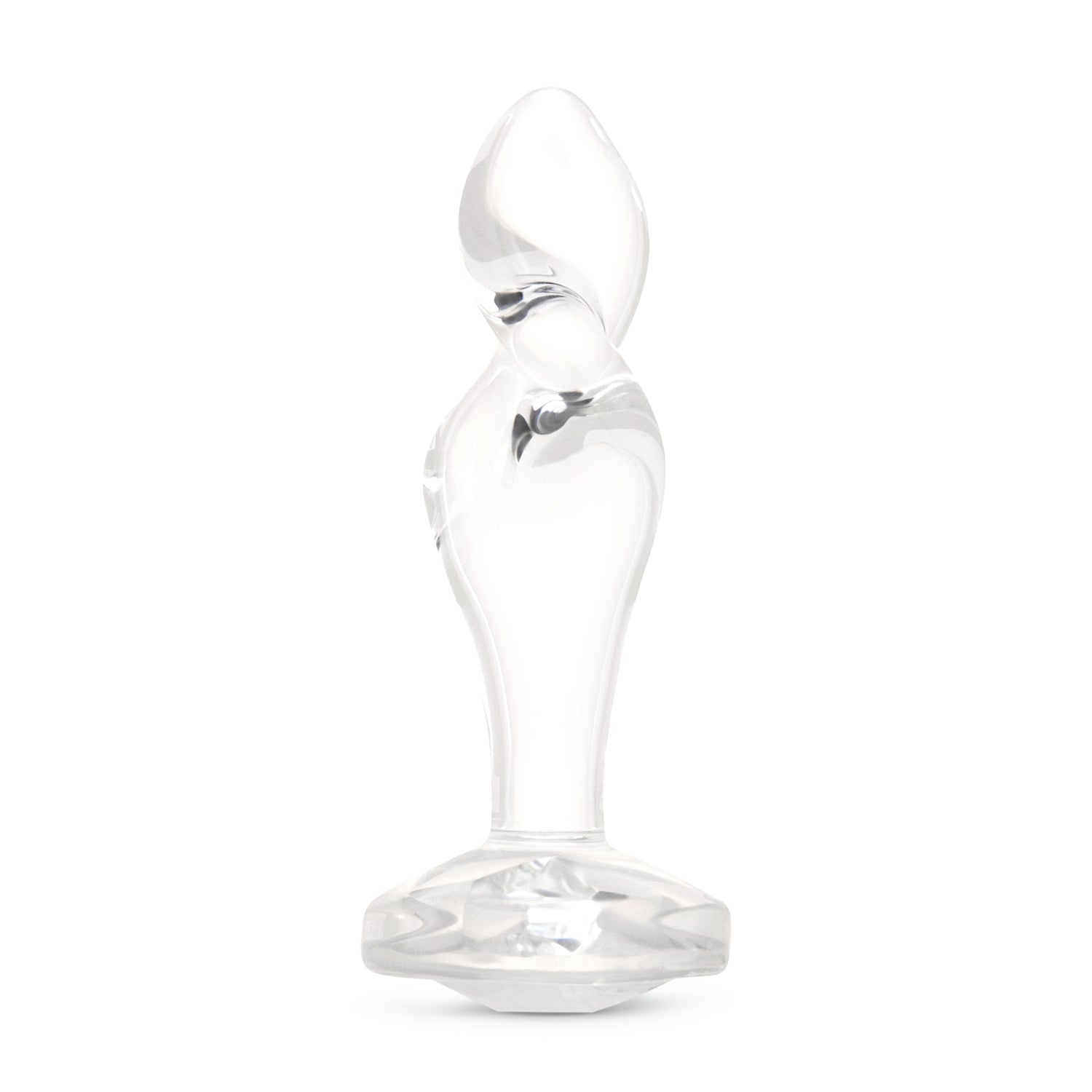 4" Sweet Twist Butt Plug - Large full upright clear borosilicate glass butt plug showcasing a corkscrew tip and sparkling gem base.
