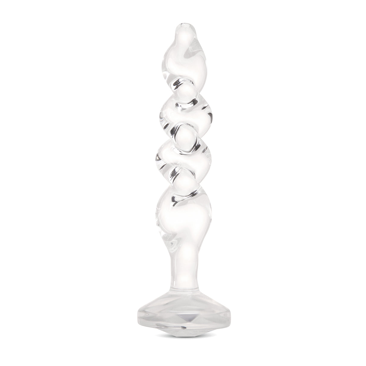 5" Sweet Swirl Dildo Main View: Full upright clear borosilicate glass Sweet Swirl dildo showcasing a corkscrew body and gem base.
