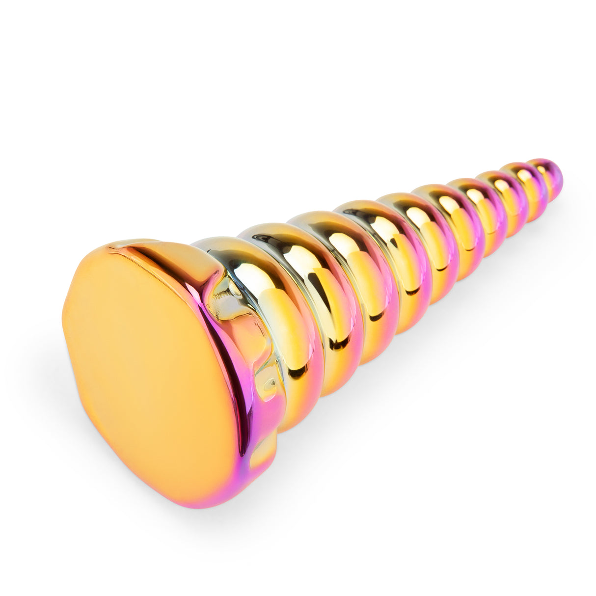6.5" Forbidden Spire Dildo Detail View: Close-up of the gently tapered tip highlighting the smooth entry point and shifting iridescent hues.

