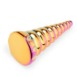 6.5" Forbidden Spire Dildo Detail View: Close-up of the gently tapered tip highlighting the smooth entry point and shifting iridescent hues.

