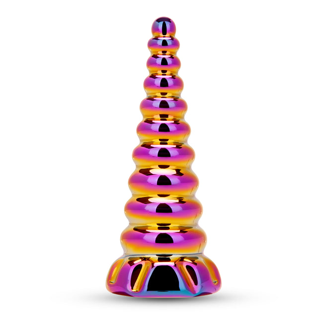 6.5" Forbidden Spire Dildo Main View: Full upright dark iridescent 6.5" Forbidden Spire Dildo showcasing its dramatic ribbed, horn-like shape.
