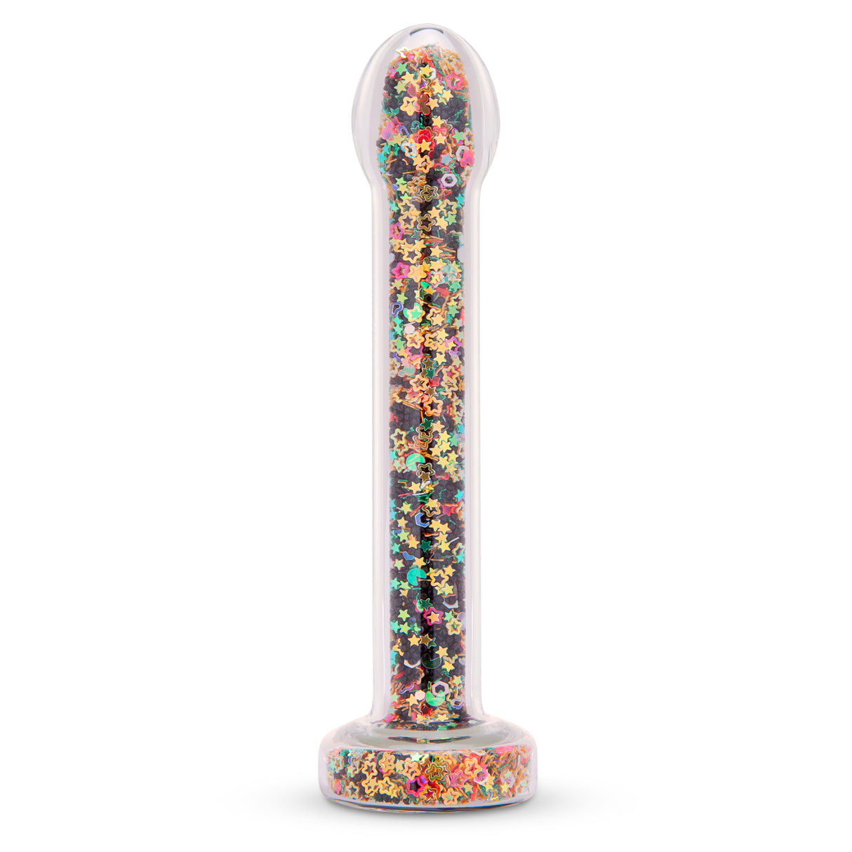 7" Stardust Dildo Main View  Full upright clear borosilicate glass stardust dildo showcasing suspended mini crystals and a sculpted gem base.