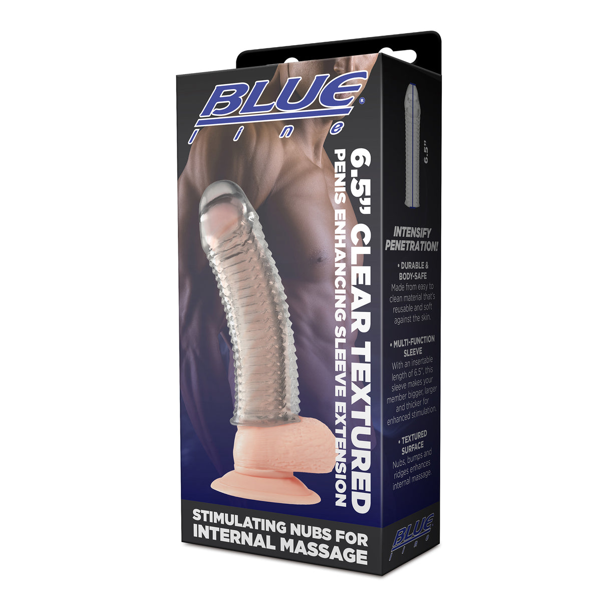 Product packaging for a clear textured penile sleeve extension with Blue Line branding on a white background.