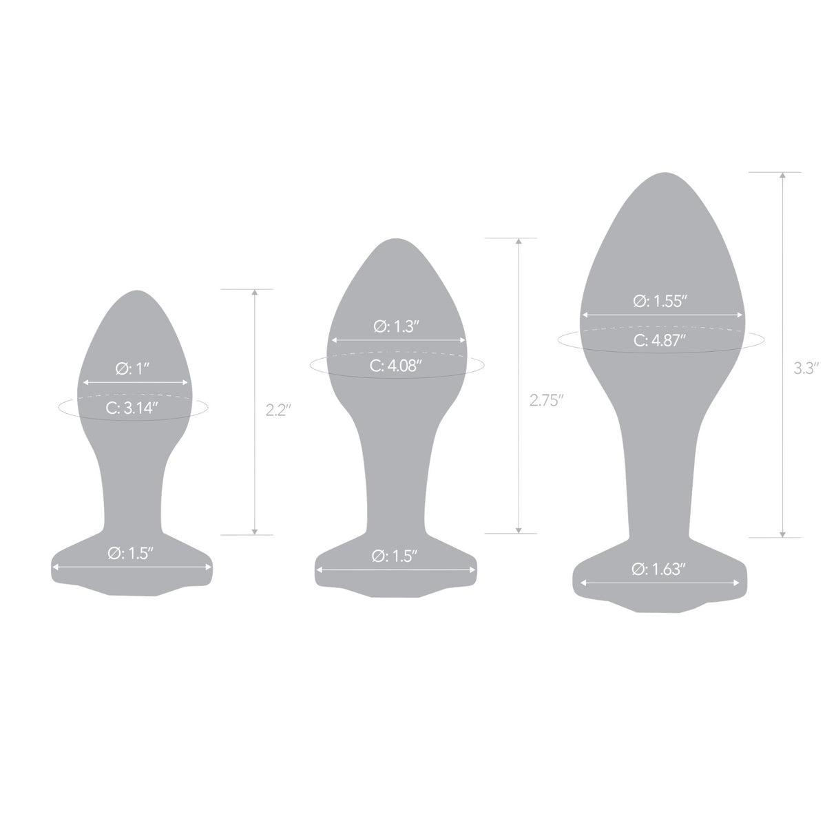 Bubble Gem Butt Plug Line-art silhouettes detailing specific insertable lengths, bulb diameters, and base widths for all three sizes.