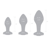 Bubble Gem Butt Plug Line-art silhouettes detailing specific insertable lengths, bulb diameters, and base widths for all three sizes.