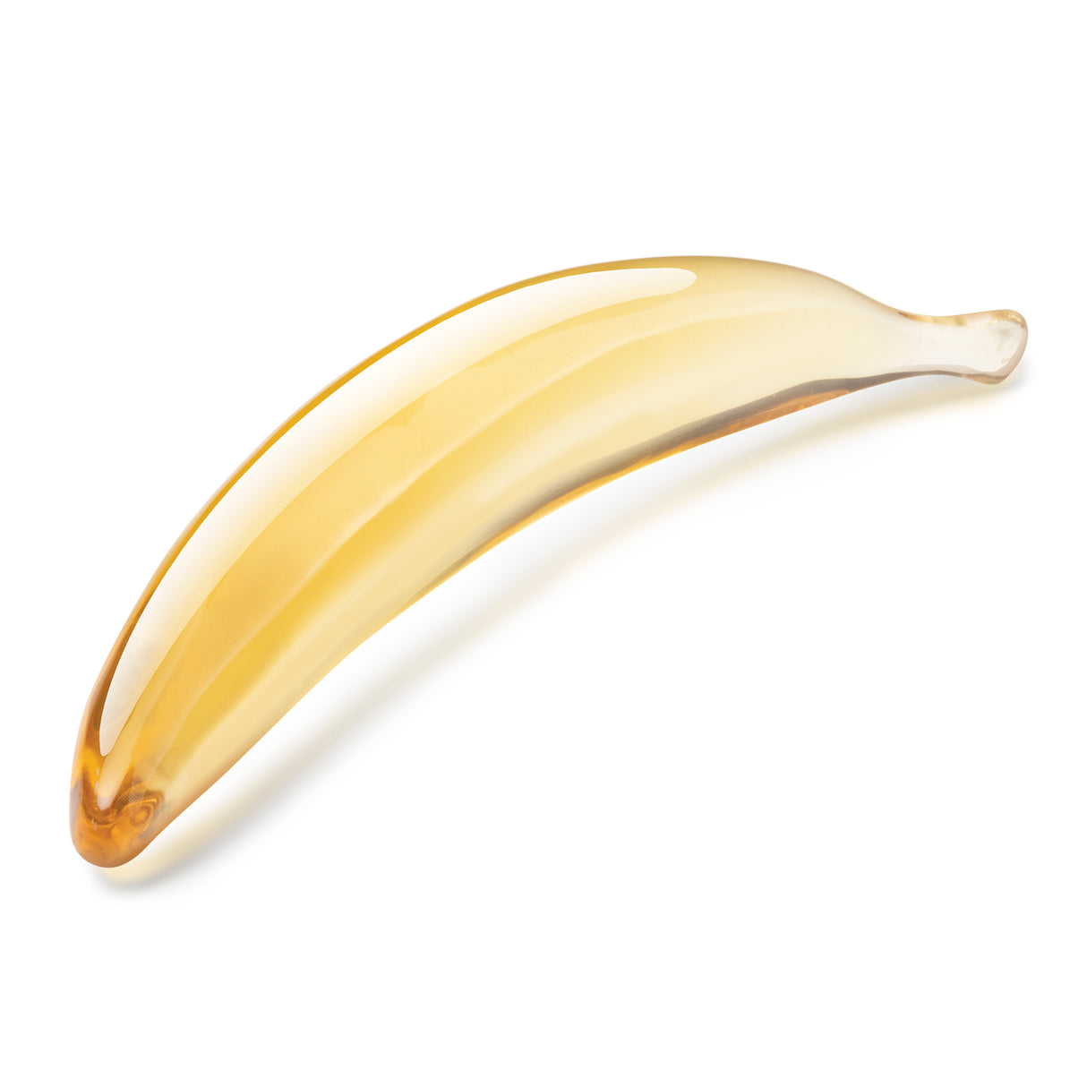 Yellow banana-shaped curved glass dildo  on a white background