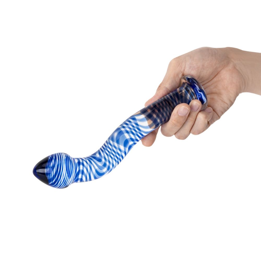 7.5" Blue Wave Curved Glass Dildo with Tapered Base