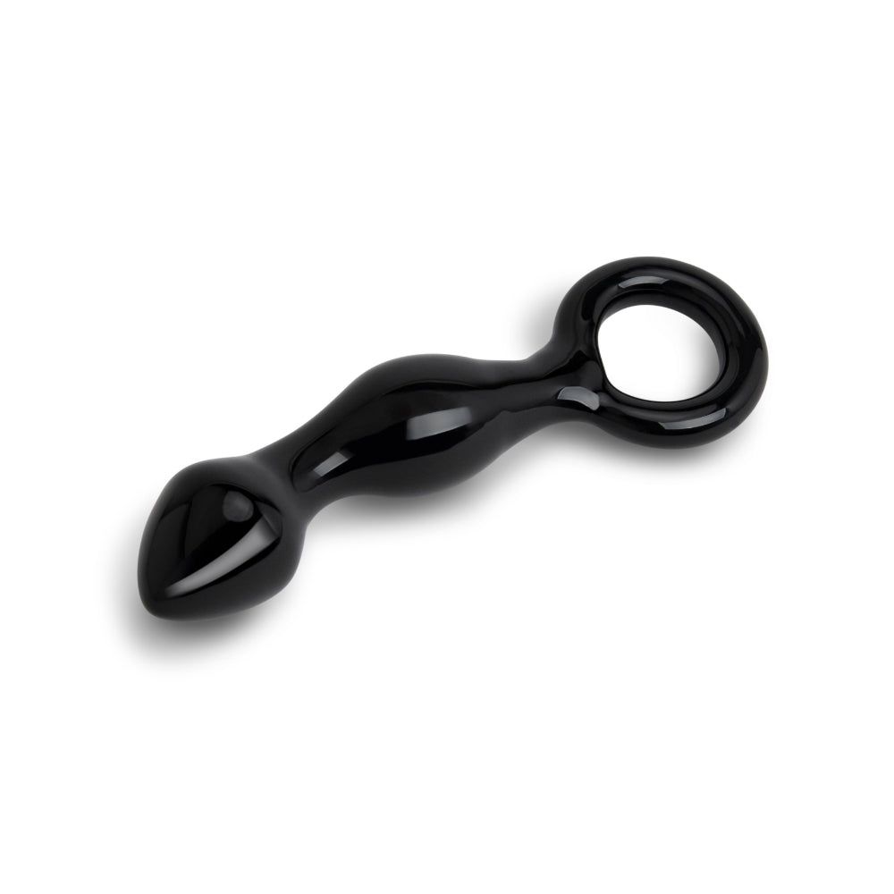 6.5" Curved Black Beaded Butt Plug with Ring