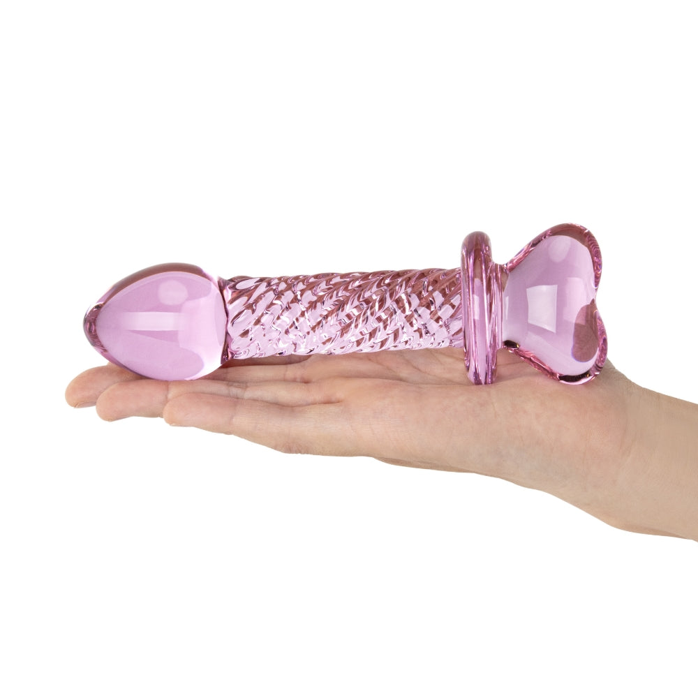 6.25" Pink Love Crystal Heart Ribbed Glass Dildo