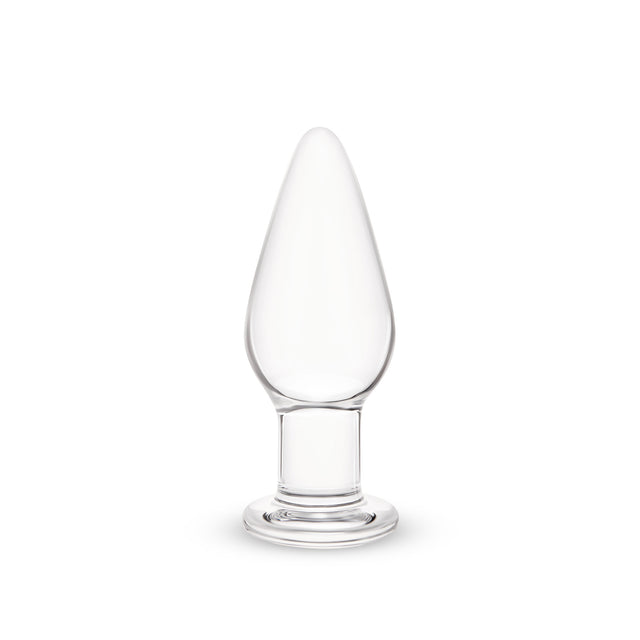Clear glass anal plug on a white background