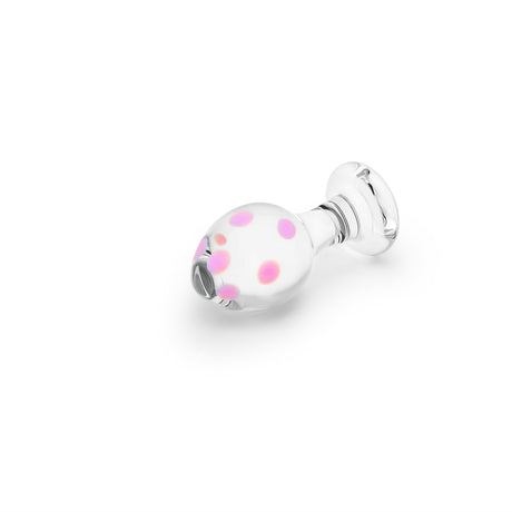 Glas anal plug with bulbous tip and pink polka dot design