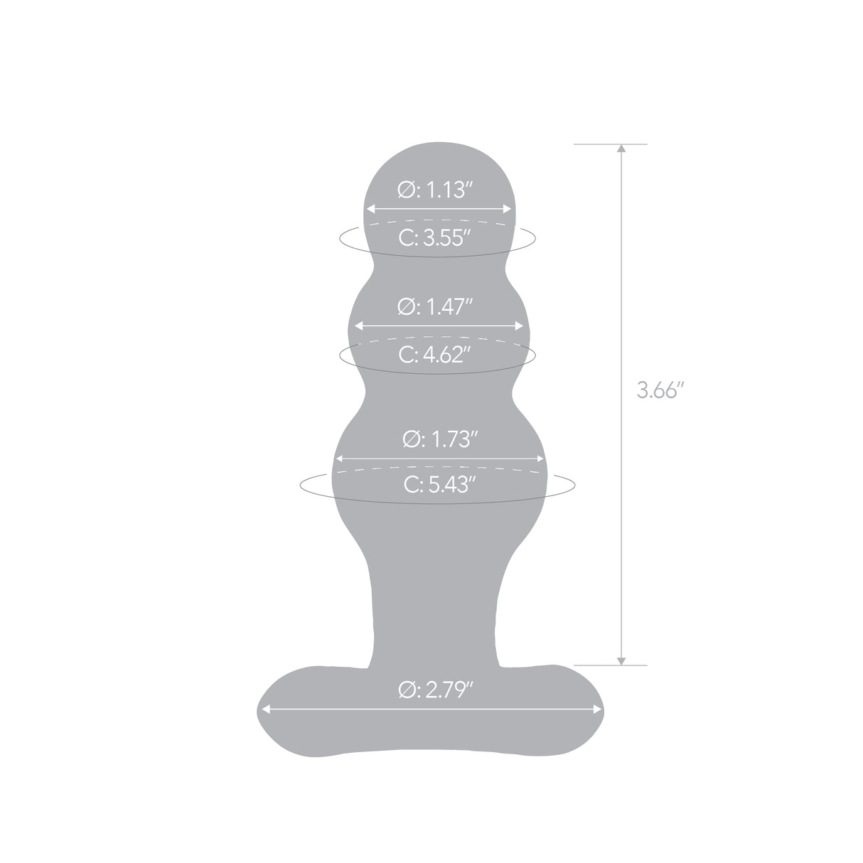 Gray silhouette of glass anal plug with measurements on a white background