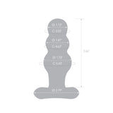 Gray silhouette of glass anal plug with measurements on a white background