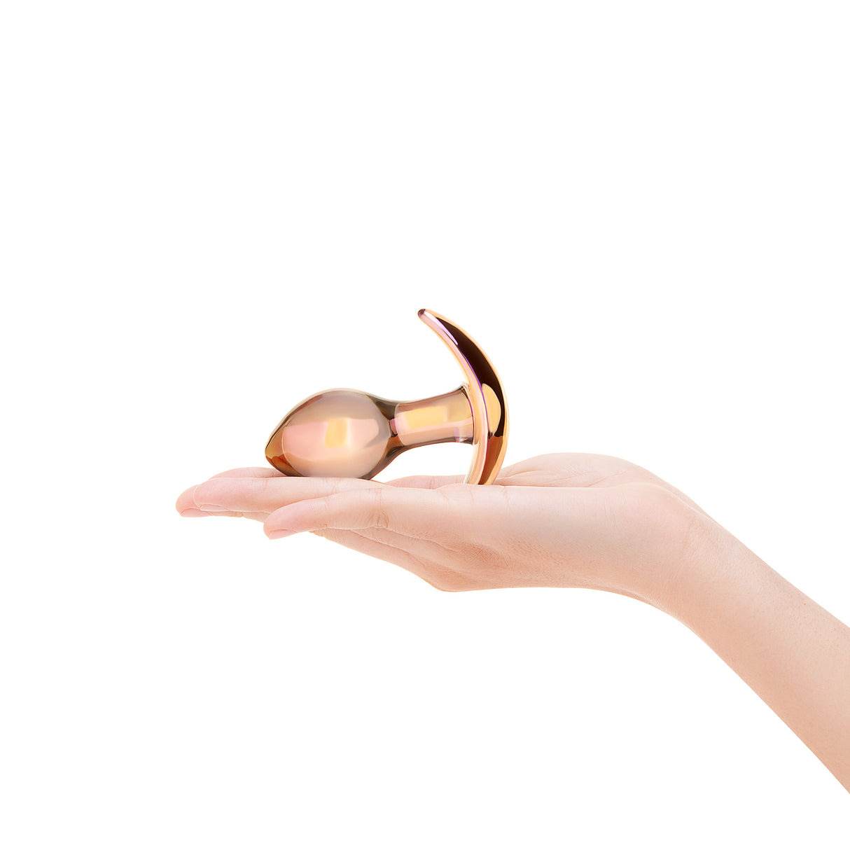 Hand holding a  Bulbous Glass Anal Toy against a white background