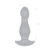 Gray silhouette of a glass anal plug with measurements on a white background