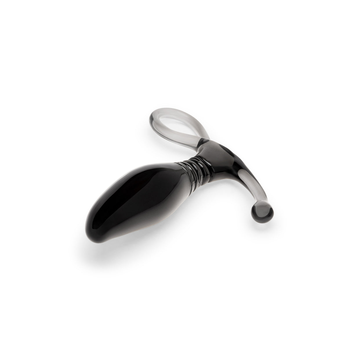 Glass prostate massager with a beaded base on a white background