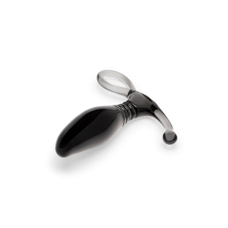 Glass prostate massager with a beaded base on a white background