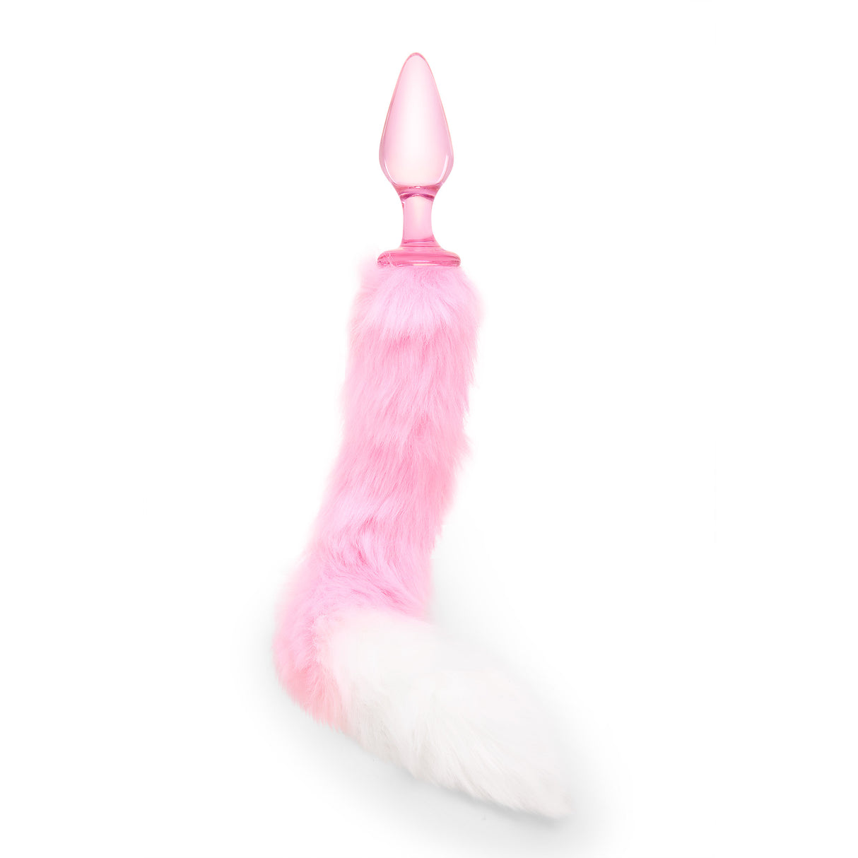 Pink Glass Tail Plug with fluffy tail on a white background