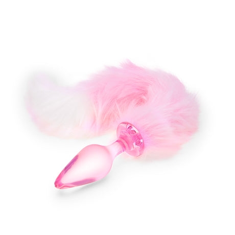 Pink Glass Tail Plug with fluffy tail on a white background