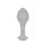 Measurement chart of a Pink glass anal plug with dimensions labeled on a white background