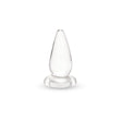 Clear glass cone-shaped anal plug on a white background