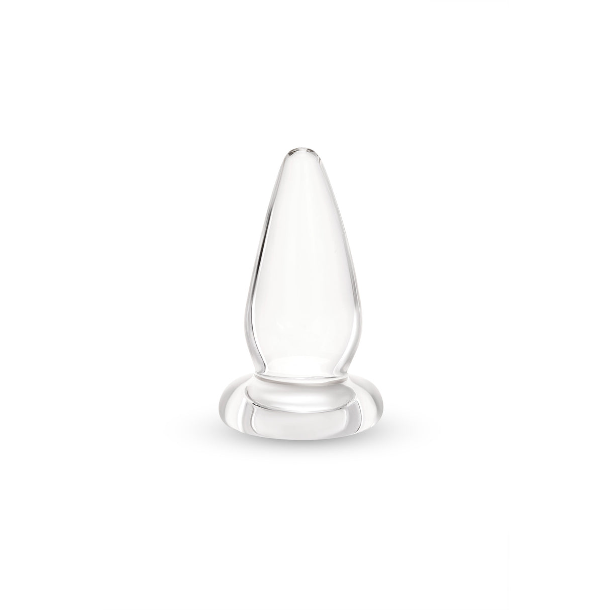 Clear glass cone-shaped anal plug on a white background